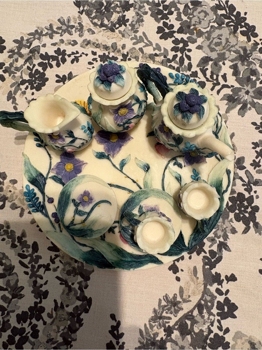 Hand-Painted Floral Ceramic Tea Set - Cream with Purple & Green Accents